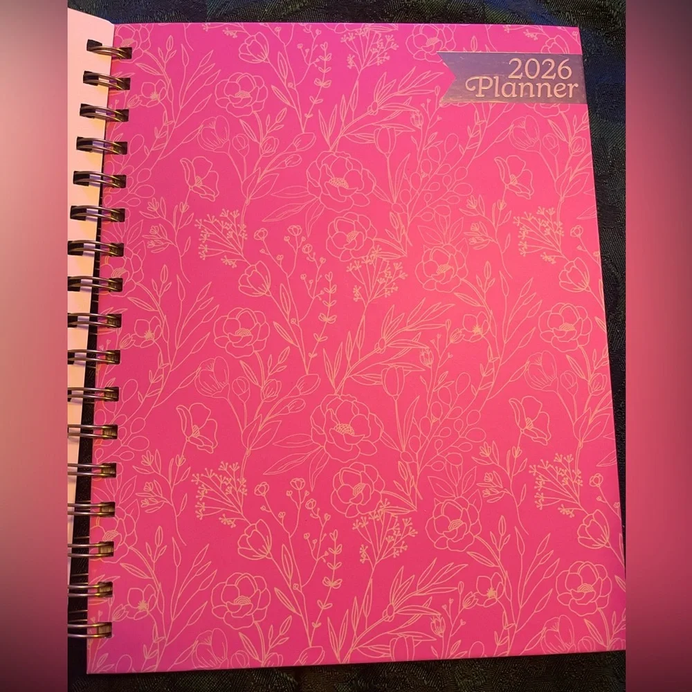 Hardcover Pink Floral Spiral 2026 Organizational Planner w/ Gold Accents,Travel